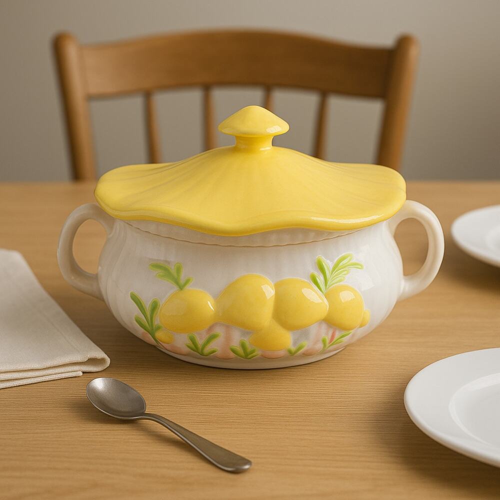 Arnels Mid-Century Yellow Ceramic Soup Tureen Floral Design‎ with Lid 9" Long